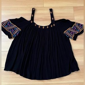 Japna Made In India Black Embroidered Cold Shoulder Bohemian Black Top, Size M